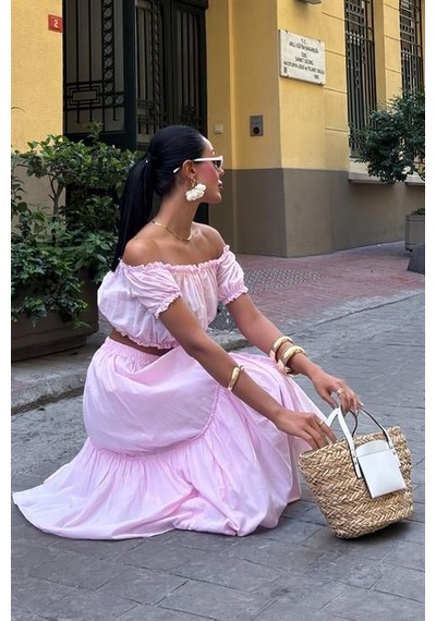 Dogutrend Büzgülü Crop Kat Detaylı Fırfır Etekli Takım 10196 Pembe