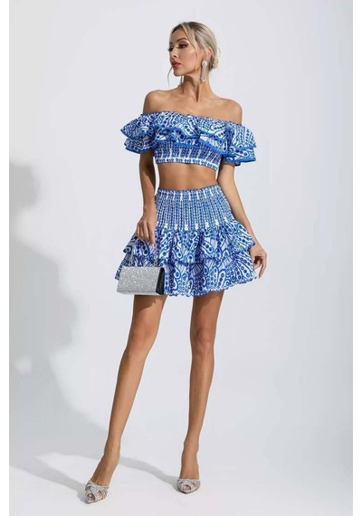 Fashion Cocktail Korse Bandaj Kumaşlı Esnek Kabarık Etekli Tasarım Gece Davet Krop Etek Takım Mavi Fashion Cocktail Korse Bandaj Kumaşlı Esnek Kabarık Etekli Tasarım Gece Davet Krop Etek Takım Mavi