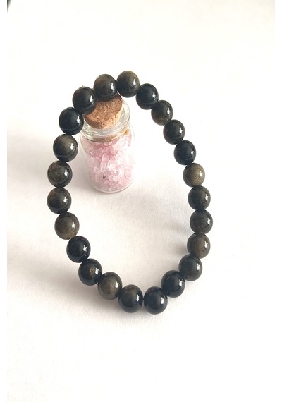 Sertifikalı 8 Mm Gold Obsidyen Doğaltaş Bileklik Altın - Siyah