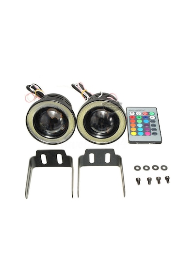 Üniversal Kumandalı Rgb Mercekli Angel Sis Farı Metal Su Geçirmez 76 Mm Beyaz Halkalı Gündüz Farı Angel Eyes 2 Adet