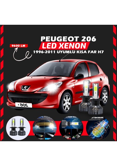 Peugeot 206 1996-2011 Kısa Far Uyumlu Şimşek Etkili Led Xenon Pro Series H7