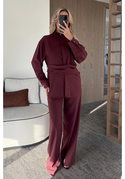 Laluvia Bordo Gold Aksesuar Düğmeli Gömlek Pantolon Takım - 8856 Bordo