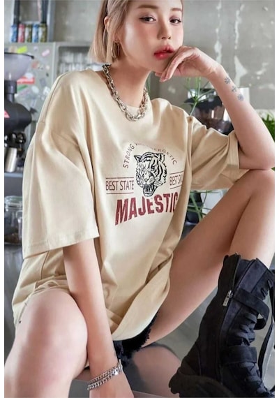 Kozia Outdoors Majestıc Baskılı Oversize Basic O Yaka Unisex T-shirt Bej