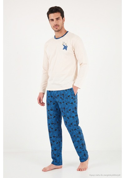 Buratti Baskılı Pamuklu Bisiklet Yaka Uzun Kollu Pijama Takımı Erkek Pijama Takımı 6575004 İndigo