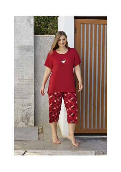 Aydoğan Kadın %95 Viskon %5 Esnek Kısa Kol Kapri Büyük Beden Kırmızı Pijama Takımı -8253