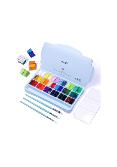 Hımı Twin Cup Gouache Set 36 Renk X 12 Gr Guaj Boya + 3 Fırça Ice Blue Case Karışık Renk