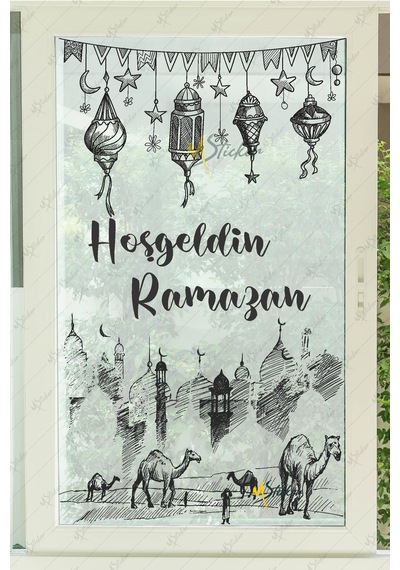 Ramazan Ayı Kandiller Ve Medine Figürleri Cam Duvar Dolap Sticker Seti - Hoşgeldin Ramazan Çok Renkli