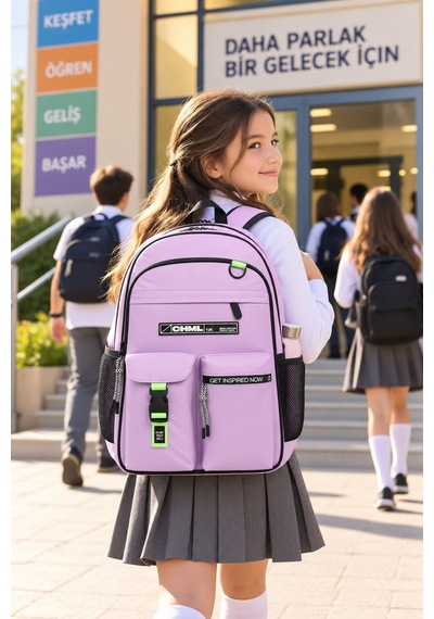 Okul Sırt Çantası Açık Pembe 3 Bölmeli Ortopedik Matara Cepli 42x27x16cm Çok Renkli