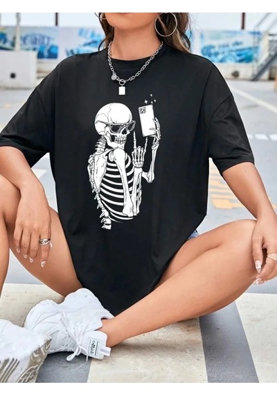 Kadın İskelet Baskılı T-shirt Kısa Kol Bisiklet Yaka Oversize Tişört - Siyah