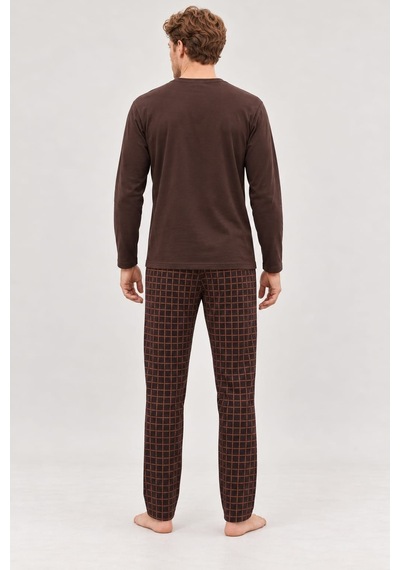 Pemilo Erkek 6500-3 Uzun Kol % 100 Pamuk Cotton Pijama Takımı Kahverengi