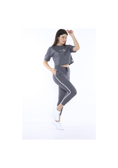 Kadın-Alt-Üst T-Shirt Takım, Rahat Kesim-3823 Koyu Gri