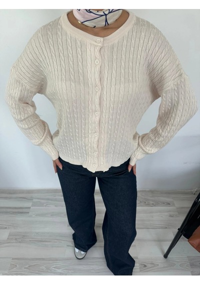 Keymoda Kadın Saç Örgülü Hırka Krem Krem