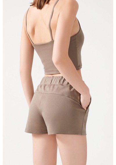 Los Ojos Kadın Haki Cepli Beli Lastikli Basic Fit Spor Şort Shorts Haki