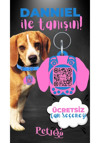 Petjoo 21.Danniel Pembe-Mavi Qr'lı Köpek Künyesi