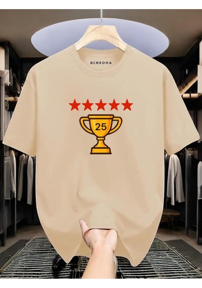 Şampiyonluk Baskılı Unisex Tişört Bej