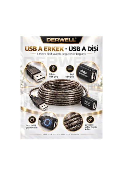 Yeni 2026 5 Metre Usb 2.0 Aktif Uzatma Kablosu Dahili Güçlendirilmiş Sinyal Çipli Kopma Donma Yapmaz Tak Çalıştır Erkek Dişi Yüksek Hızlı Kararlı Veri Aktarım Kablosu Gold Seri Premium