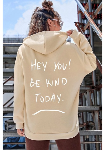 Uyguntarz Unisex Oversize Hey You Baskılı Sweatshirt Bej