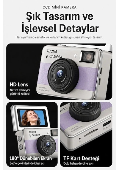 Retro Mini Dijital Kamera 1080p 1.47 İnç Flip Ekranlı Flaşlı Selfie Vlog Kamerası 4gb Sd Hediyeli Mavi