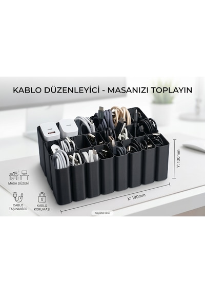 Siyah Kablo Ve Şarj Cihazı Düzenleyici Organizer Çok Bölmeli Masaüstü Kablo Toplayıcı