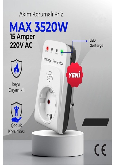 15a 3520w Akım Korumalı Tekli Priz Aşırı Yüksek Gerilim Koruma Dijital Göstergeli