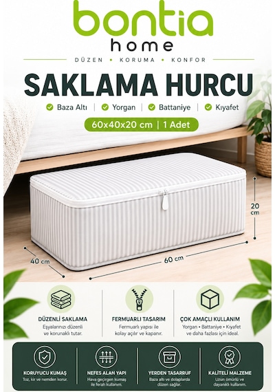 Saklama Hurcu 2'li Set 60x40x20 Cm Baza Altı Hurç Fermuarlı Yorgan Battaniye Kıyafet Düzenleyici Çok Amaçlı Saklama Kutusu 2 Adet Krem