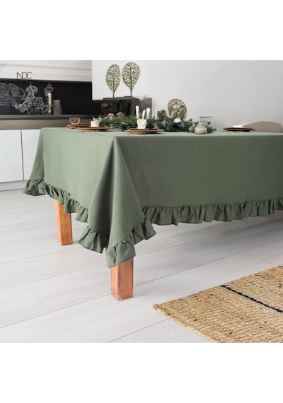Dnc Home Tekstil  Haki Keten Fırfırlı Masa Örtüsü Haki