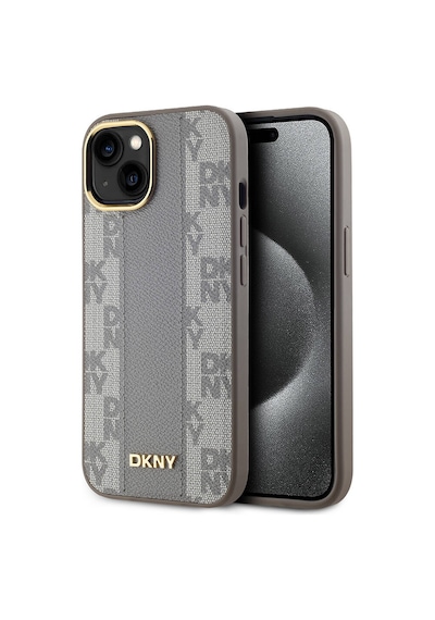 Apple Uyumlu iPhone 15 Kılıf Dkny Lisanslı M-safe Şarj Özellikli 3d Yazılı Checkered Pattern Kapak Krem