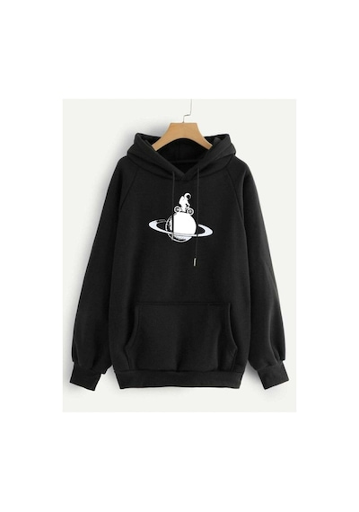 Tarzsokak 2 Iplik Iç Pamuklu Tam Kalıp Baskılı Hoodie Siyah