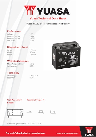 Ytx20-bs 12v 18ah Motosiklet Aküsü