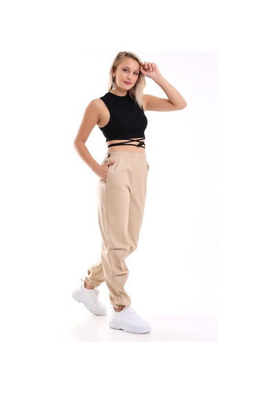 Winmoda34 Kadın Paçası Ayarlanabilir Cebi Kapaklı Yüksek Bel Deri Pantolon Krem