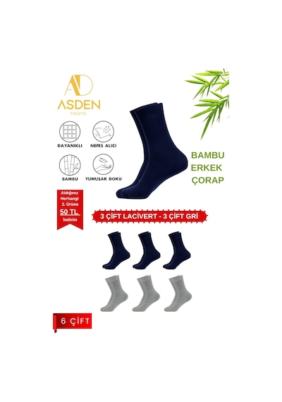 Asden Bambu Erkek Beyaz Soket Çorap 12'li Paket, Burun Dikişsiz, Yıkamalı 3 Lacivert 3 Gri