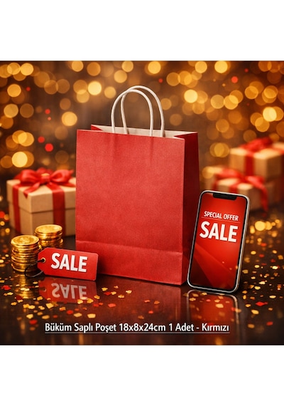 Büküm Saplı Poşet 18x8x24cm 1 Adet - Kırmızı