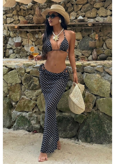 Bella Notte Puantiye Desenli 3 Parça Plaj Kombini Bikini Takımı Ve Pareo Siyah