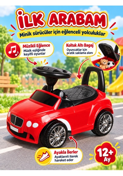Müzikli İlk Arabam Koltuk Altı Bagajlı, Ayakla İtmeli Kırmızı Çocuk Arabası, 12 Ay+