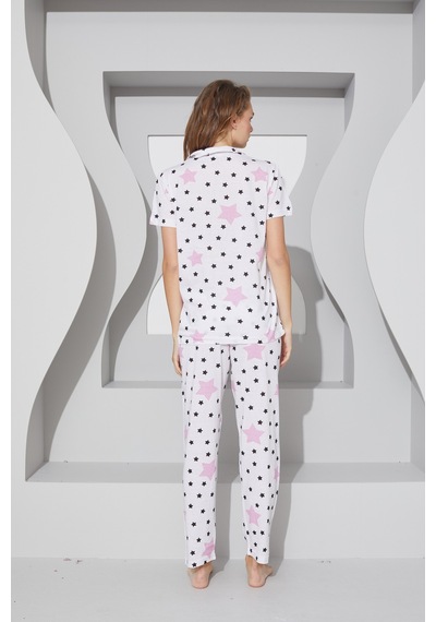 Siyah İnci Örme Düğmeli Pijama Takım 7755 Beyaz Renkli Yıldız