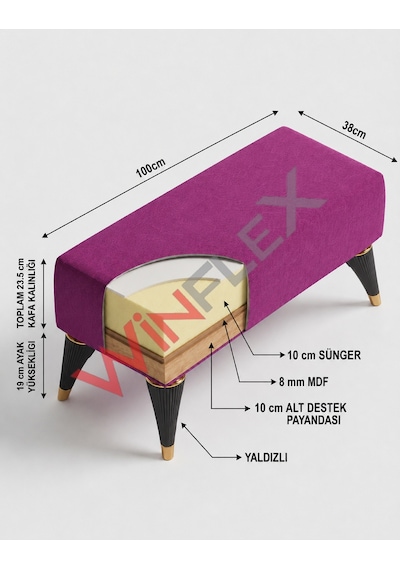 Winflex Dekoratif Dikdörtgen Puf 38 X 100cm Siyah Renk