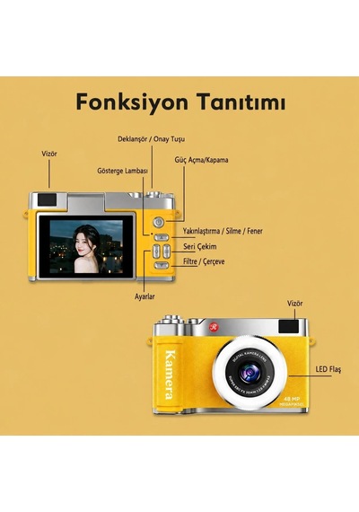 Ers- 4k Çantalı Dijital Retro Video Kamera 48mp 16x Zoom Işıklı 32gb Kart Dijital Fotoğraf Makinesi Sarı
