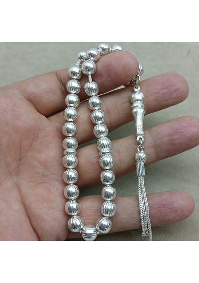 925 Ayar Gümüş Tesbih Yuvarlak Kesim Çizgili Model Büyük Boy