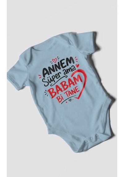 Morivokids Annem Süper Ama Babam Bi Tane Kısa Kollu Bebek Body %100 Pamuk Bebe Mavisi