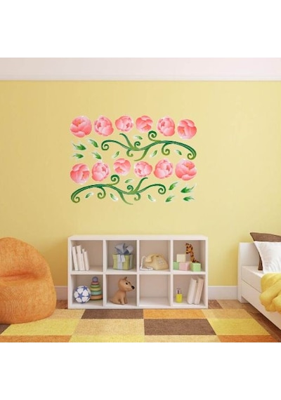 Duvar Süsü Sticker 2 Adet Pembe Güllü Şeffaf Filmli Pvc 70x50x0