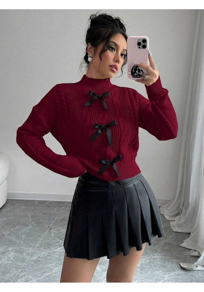 Sayzen Your Shine Örgülü Fiyonk Detaylı Triko Kazak Sy-2501-kzk Bordo