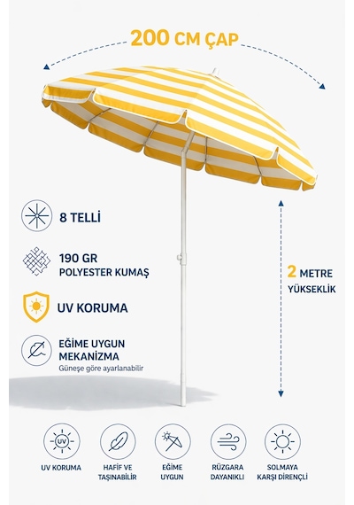 8 Telli - 200 Cm Plaj Şemsiyesi, Bahçe Şemsiyesi, Balkon Şemsiyesi, Eğilebilen Şemsiye Sarı - Beyaz