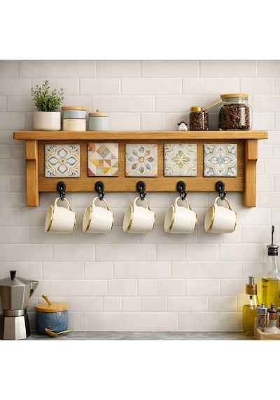 5askılı Doğaltaş Dekorlu Ahşap Duvar Düzenleyici Giriş Holü Anahtarlığı, Mutfak Ve Banyo Duvar Rafı 42x12-5 Askılı