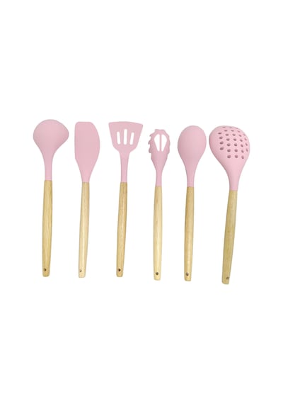 Ivory Doğal Bambu Saplı %100 Silikon Mutfak Seti 6 Parça Pembe Pembe
