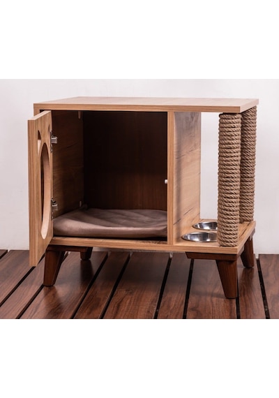 Tahta Karınca Minimalist Tırmanma Halatlı Mobilya Kedi Evi + Mama Kabı