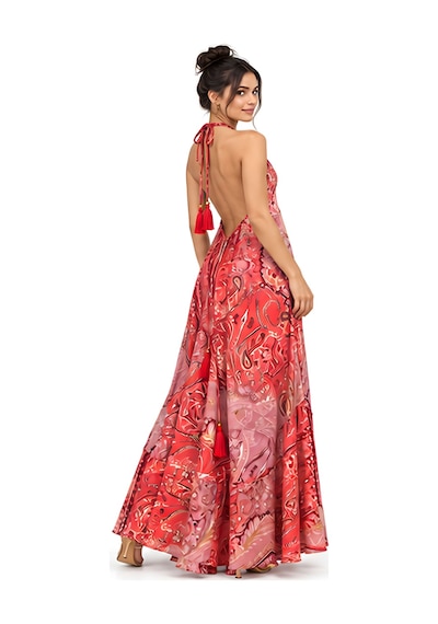 Lili Woman Kadın Kırmızı Ombreli Batik Desenli Halter Yaka Otantik Maxi Elbise Mo.melb01k