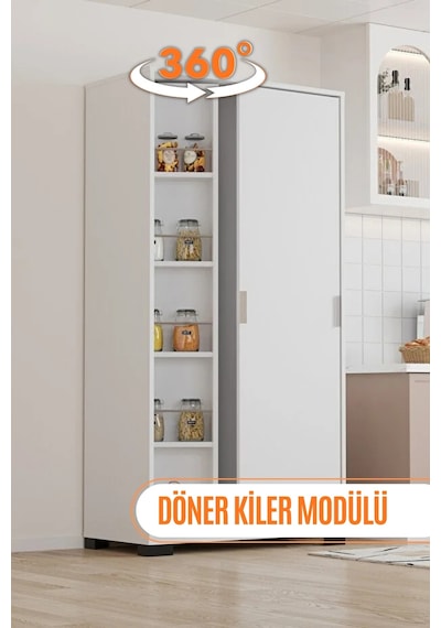 Aeka Ae-2073 Luna Beyaz Döner Çok Amaçlı Dolap Raflı Mutfak Ve Kiler Dolabı