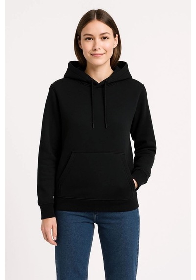 Mbb E-ticaret Kadın 3 İplik Pamuklu Kapüşonlu Kanguru Cepli Sweatshirt Hoodie - Siyah