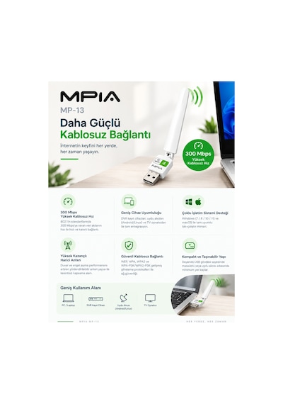 300 Mbps Wireless Usb Adaptör Windows, Mac, Dvr & Uydu Alıcısı Uyumlu Kablosuz Wi-fi Alıcı
