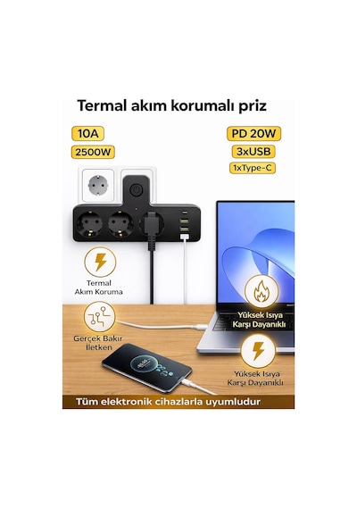 Termal Akım Korumalı 3 Priz / 3 Usb / 1 Typec 20w Girişli 2500w Duvar Tipi 3 Lü Priz